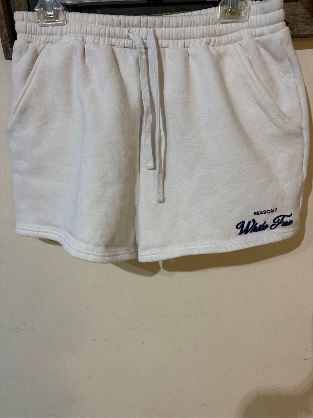 White Fox Boutique Season 7 White Fleece Lounge Shorts with Navy Script